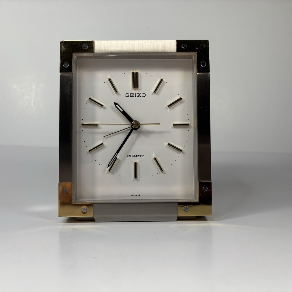 Vintage Seiko Quartz Desk Alarm Clock Two-Tone Silver Gold Corner Accent Japan